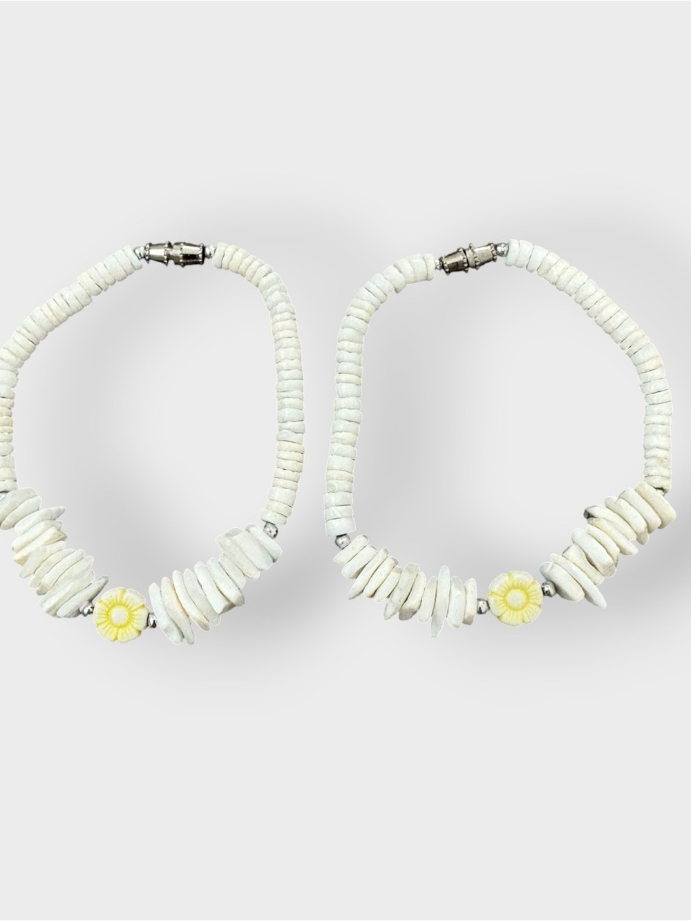 Yellow Flower Puka Shell Bracelet, Vintage - Set of 2, Summer Coconut Girl